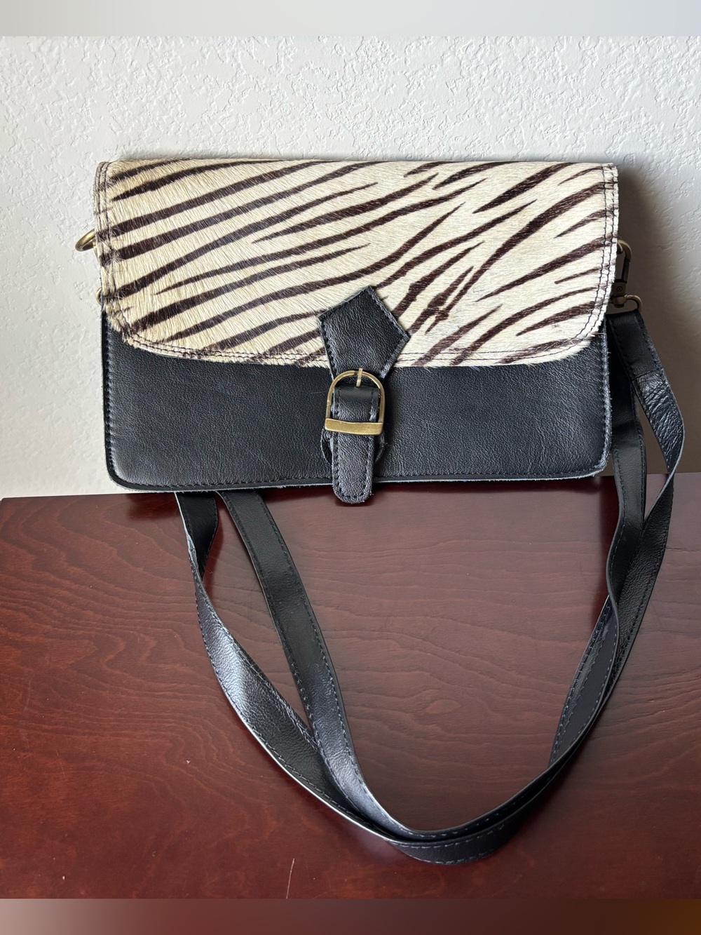 Genuine Leather Crossbody Bag with Zebra Hide Print Flap